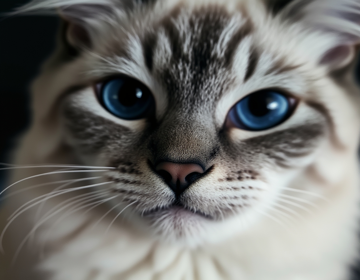 Close-up black and white studio portrait of a cat’s face, lit with soft diffused light. Every whisker, eyelash, and fur strand is rendered in hyper-detailed monochrome.
